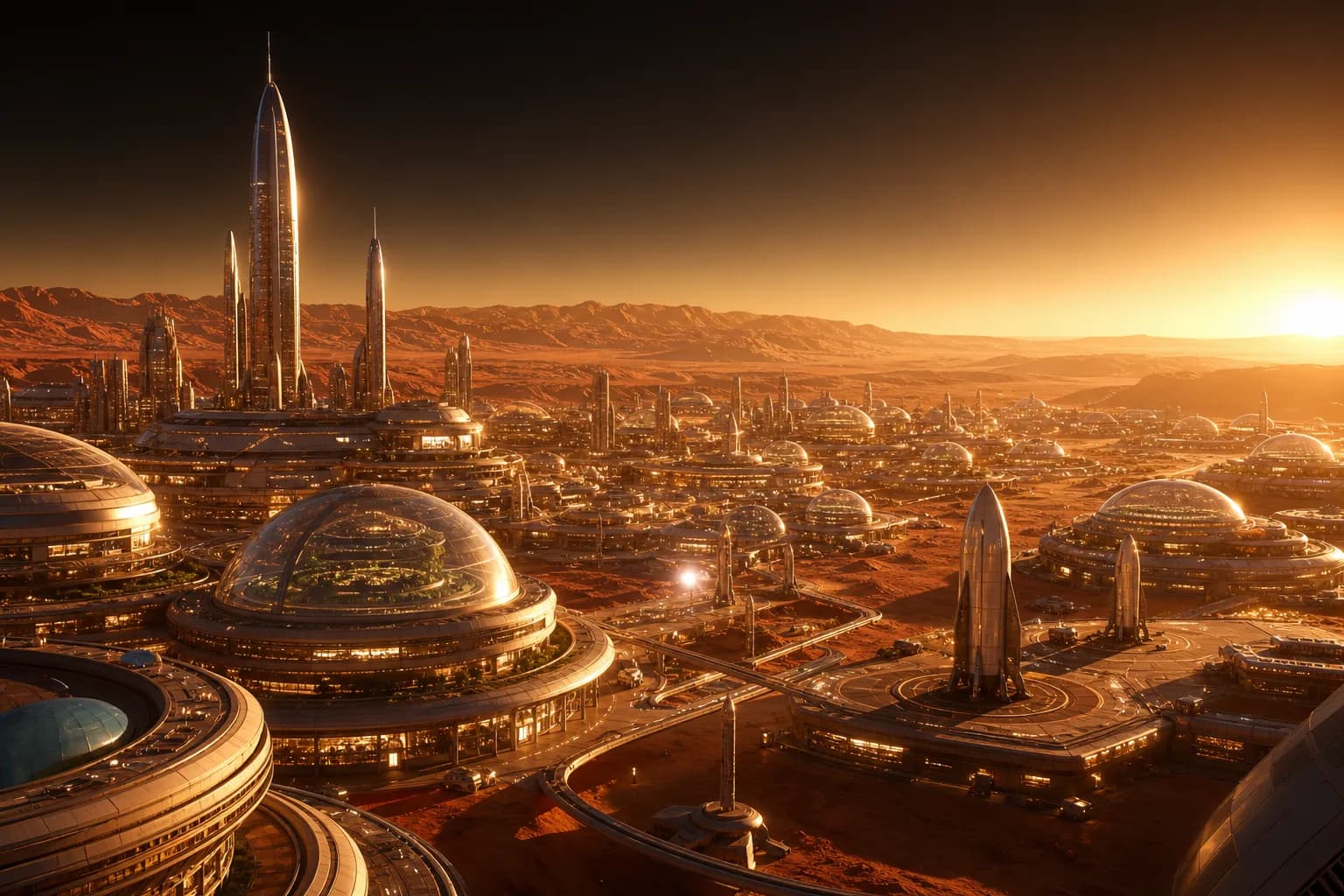金色日照下的未来火星城市鸟瞰图